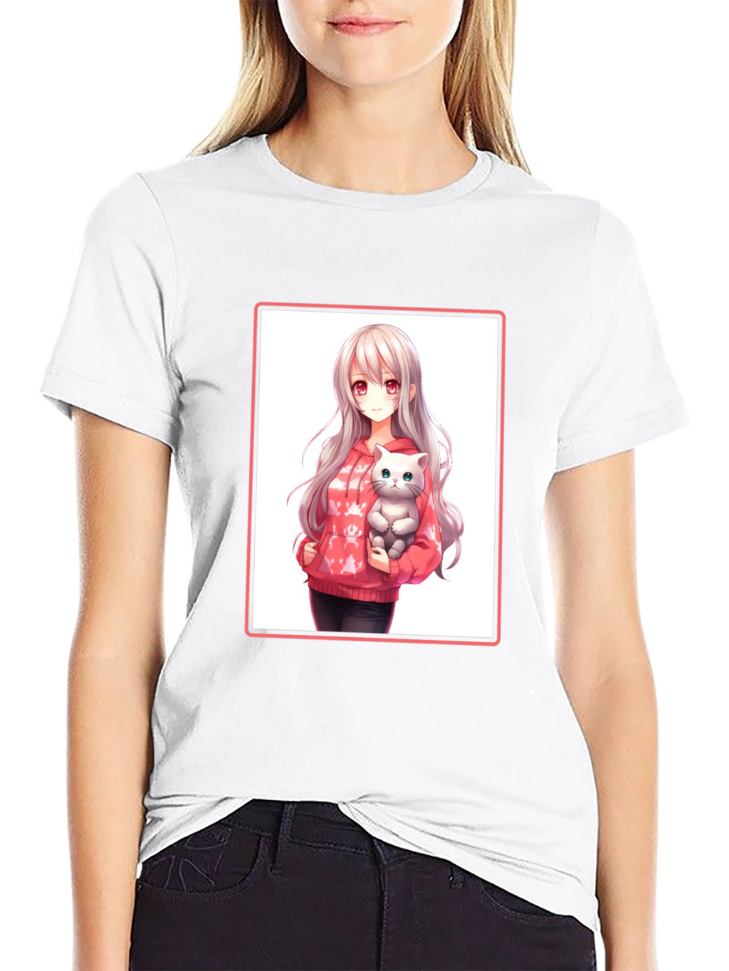 Anime Girl & Cat Black T-Shirt