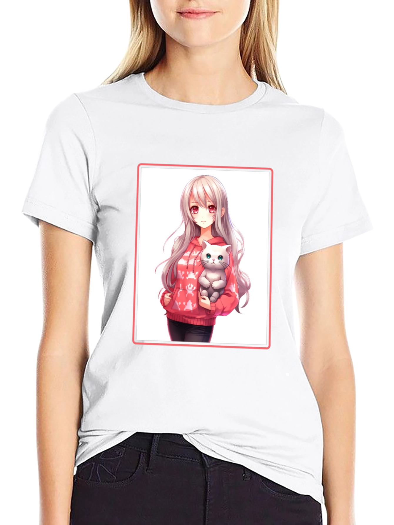 Anime Girl & Cat Black T-Shirt