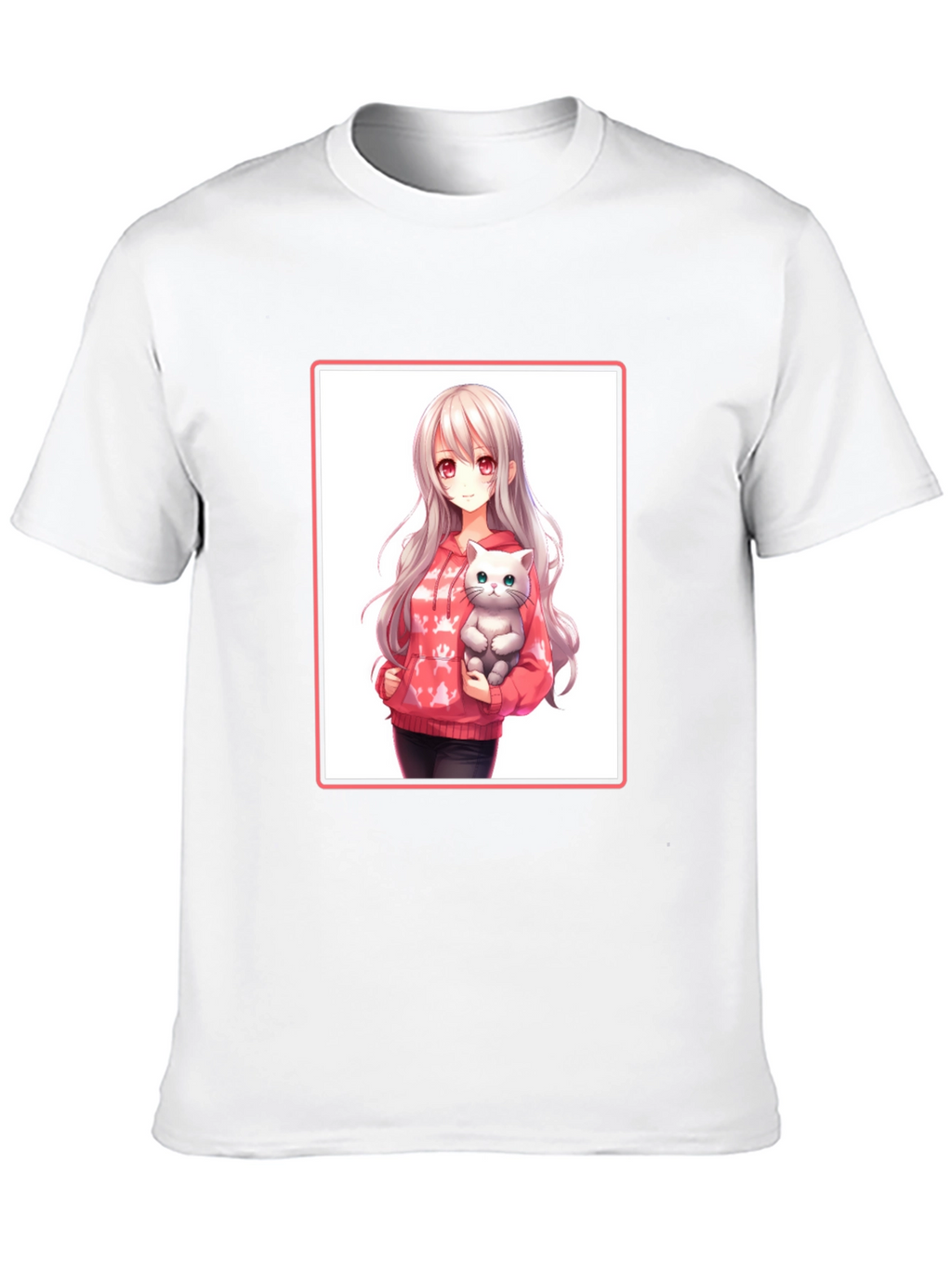 Anime Girl & Cat Black T-Shirt