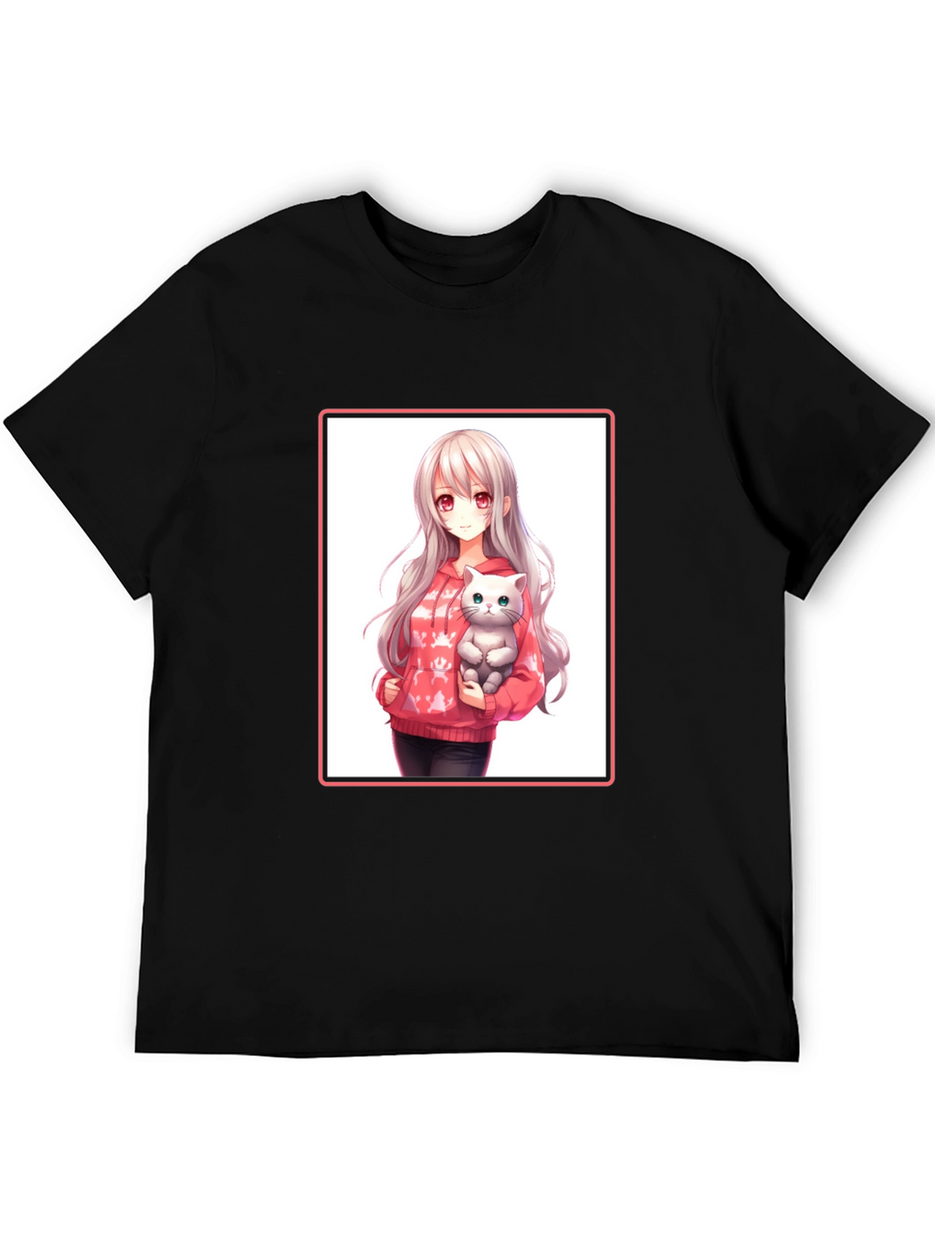 Anime Girl & Cat Black T-Shirt
