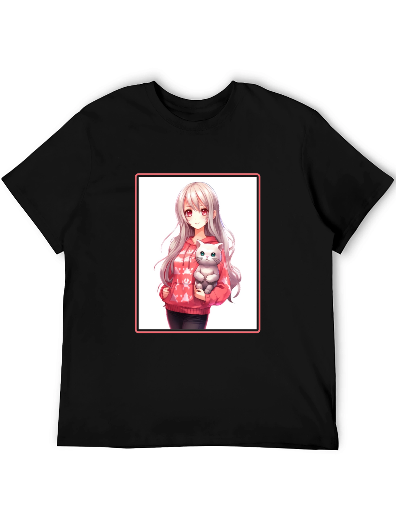 Anime Girl & Cat Black T-Shirt