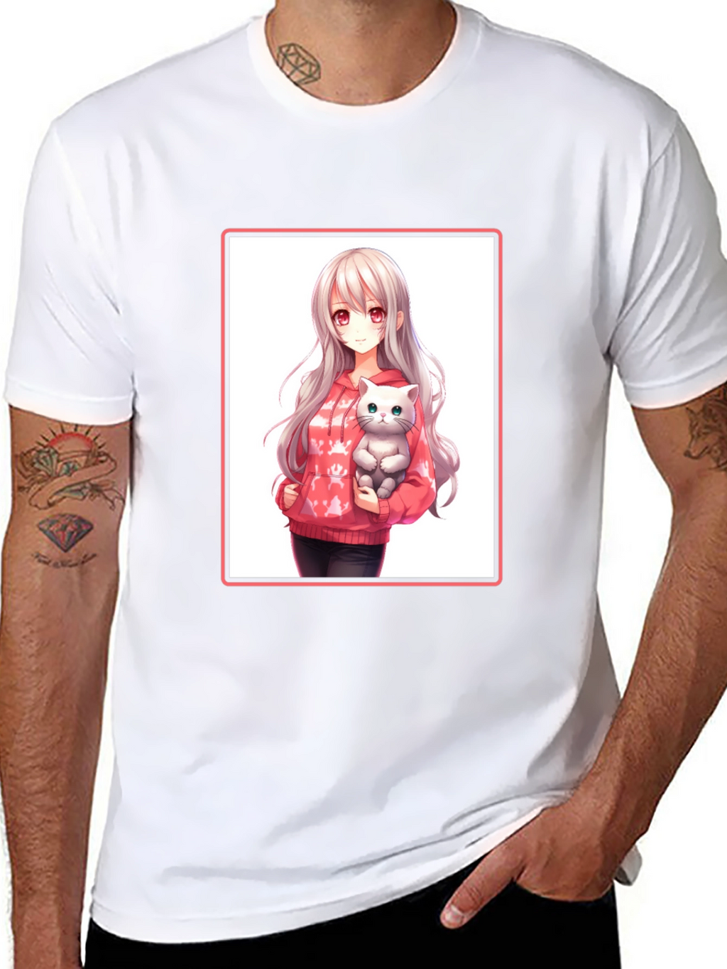 Anime Girl & Cat Black T-Shirt