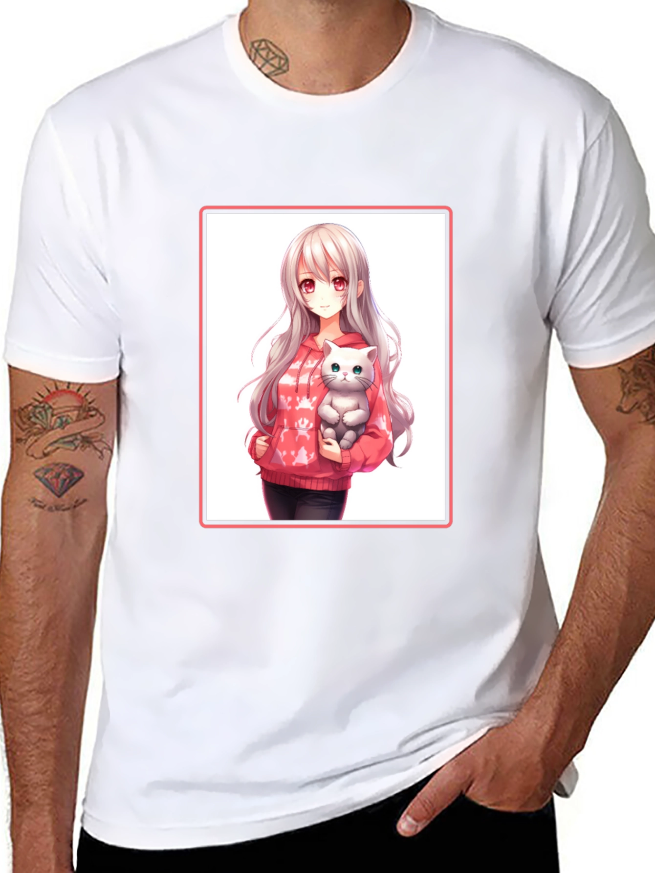 Anime Girl & Cat Black T-Shirt