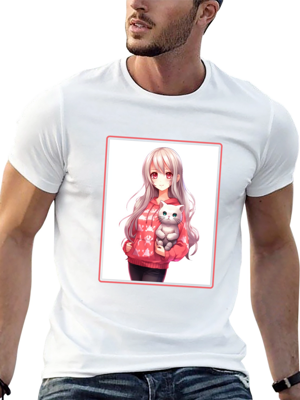 Anime Girl & Cat Black T-Shirt