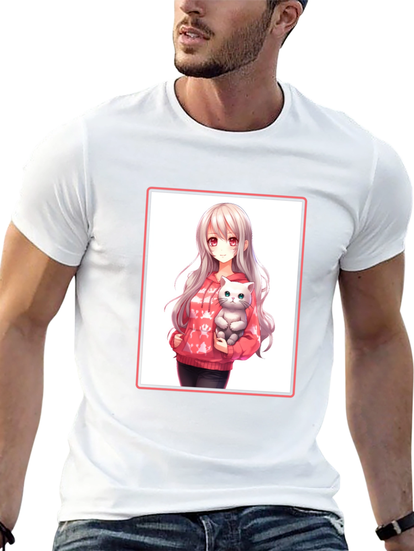 Anime Girl & Cat Black T-Shirt