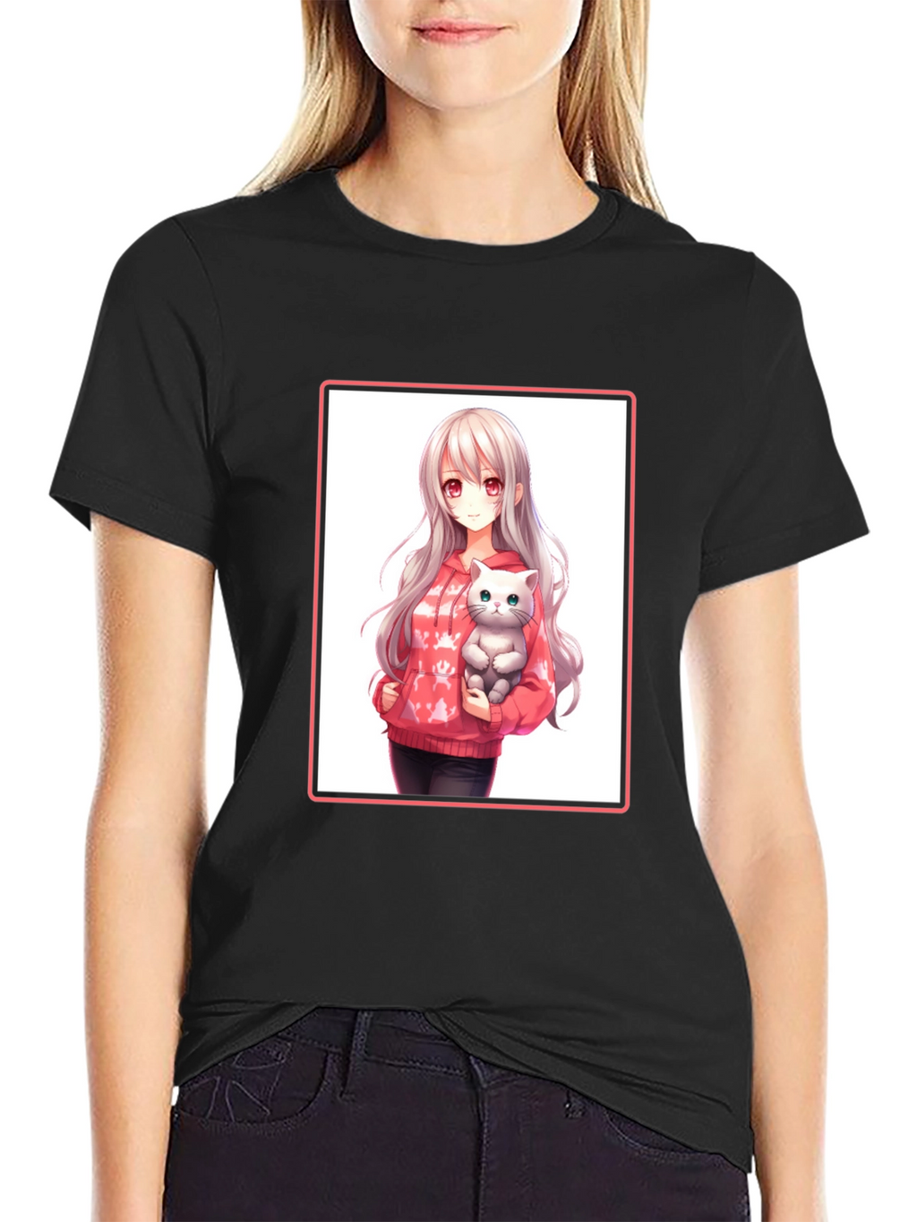 Anime Girl & Cat Black T-Shirt