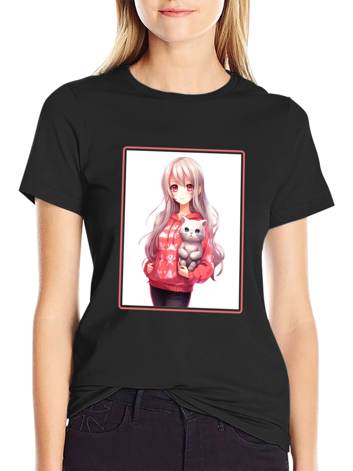 Anime Girl & Cat Black T-Shirt