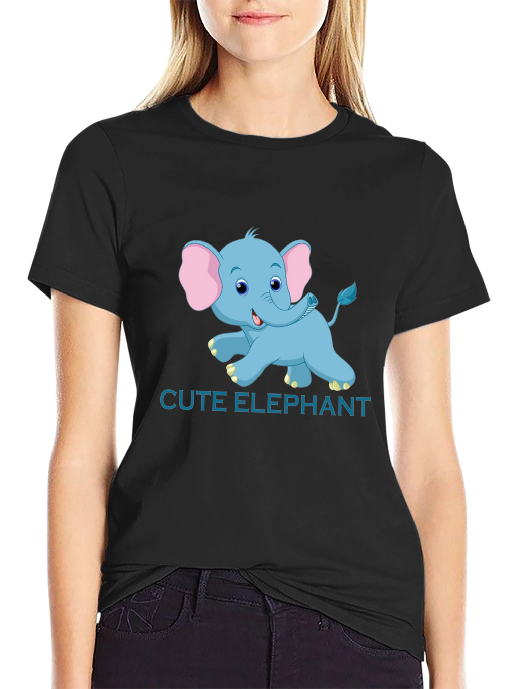 Cute Elephant Graphic Tee - Black Cotton T-Shirt