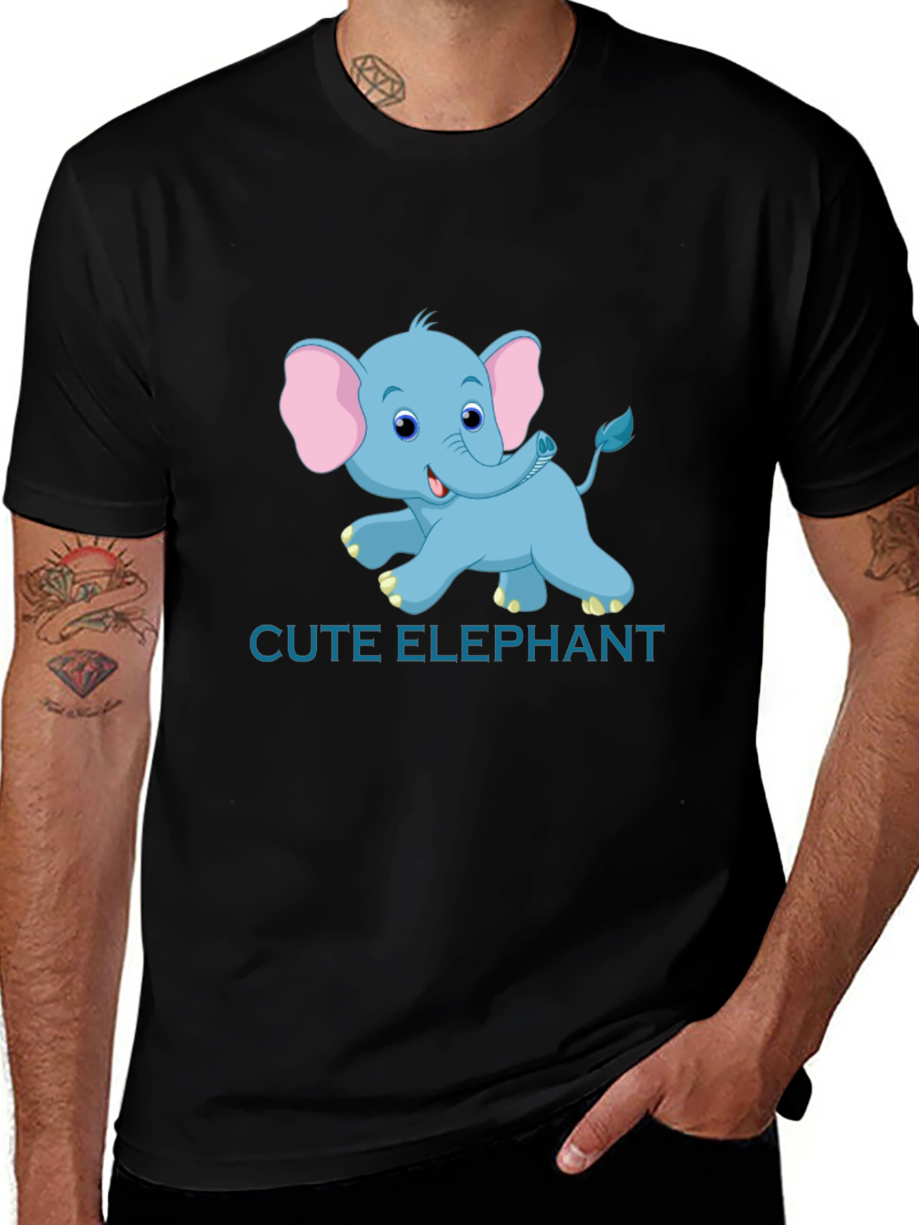 Cute Elephant Graphic Tee - Black Cotton T-Shirt