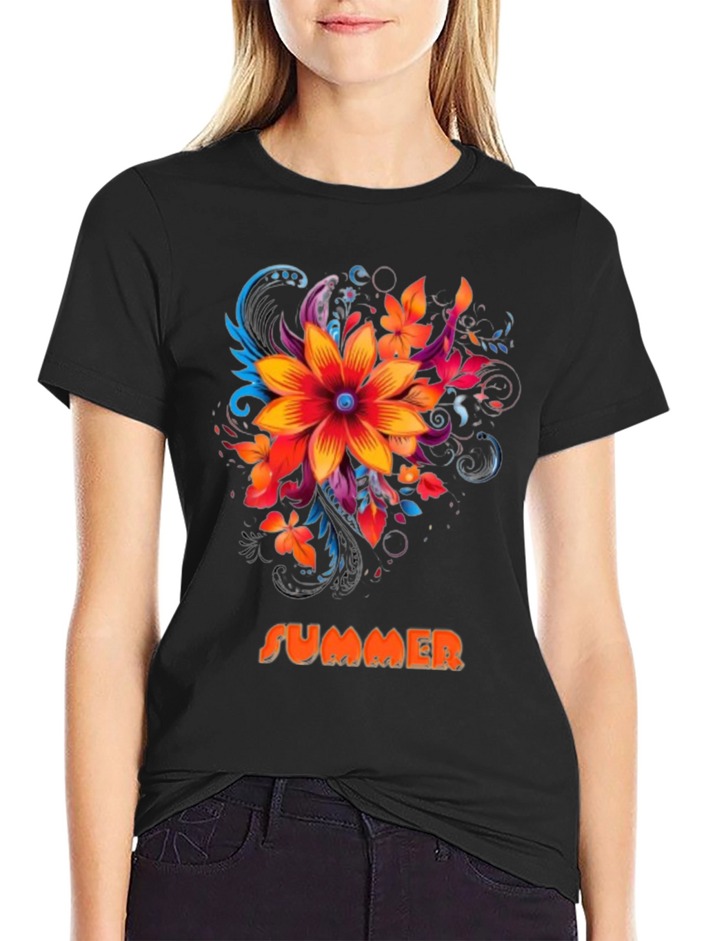 Summer Floral Graphic Print Mens Black T-Shirt