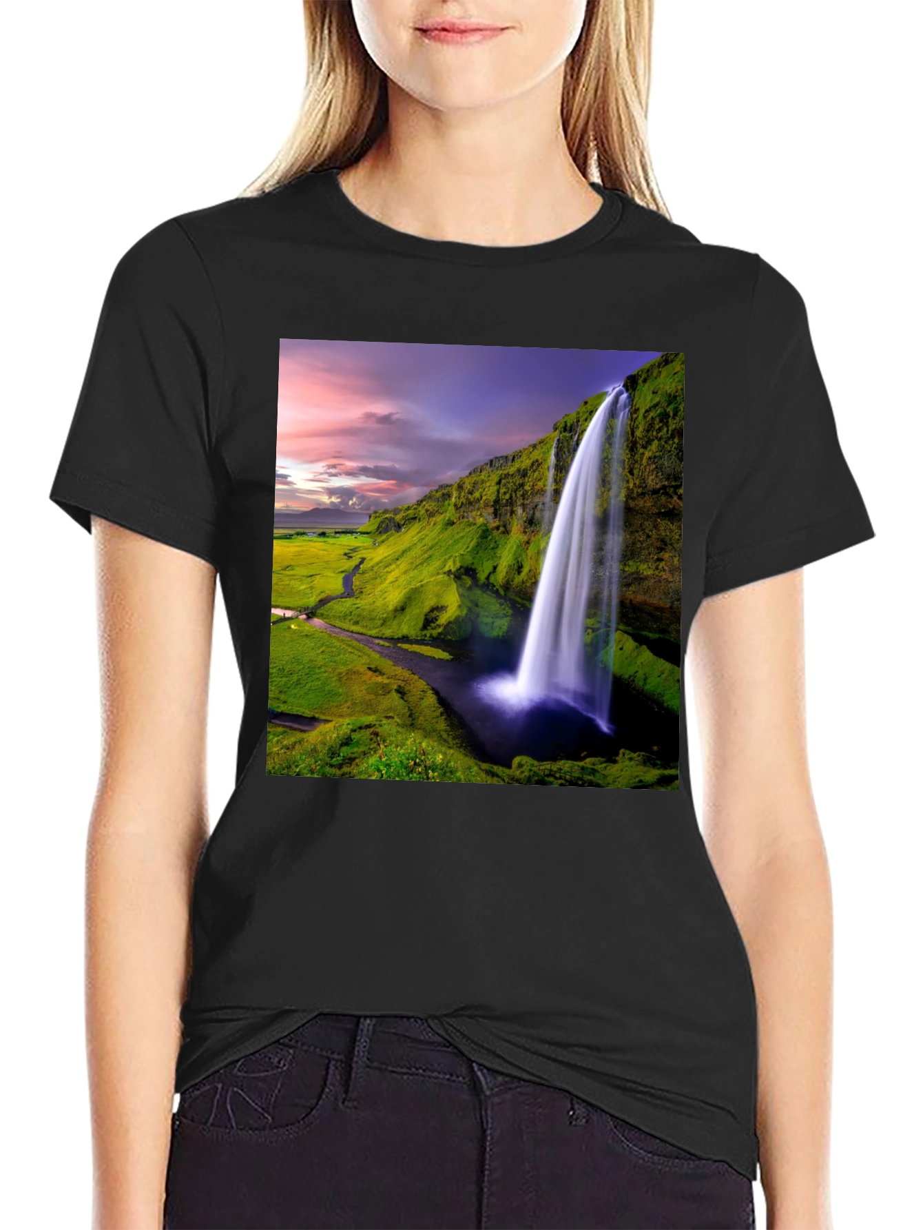 Waterfall Graphic T-Shirt - Scenic Iceland Landscape Print