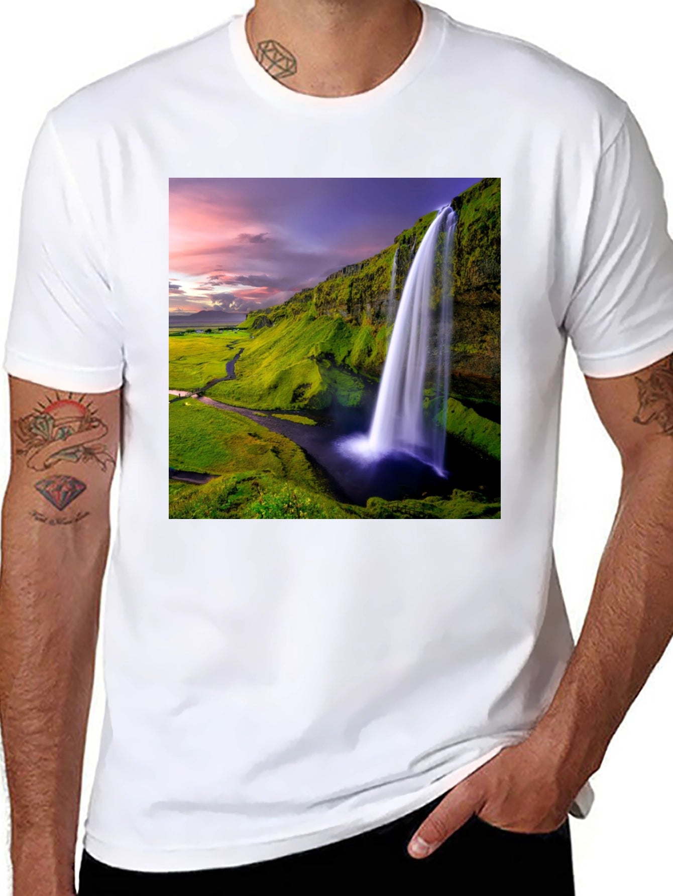 Waterfall Graphic T-Shirt - Scenic Iceland Landscape Print