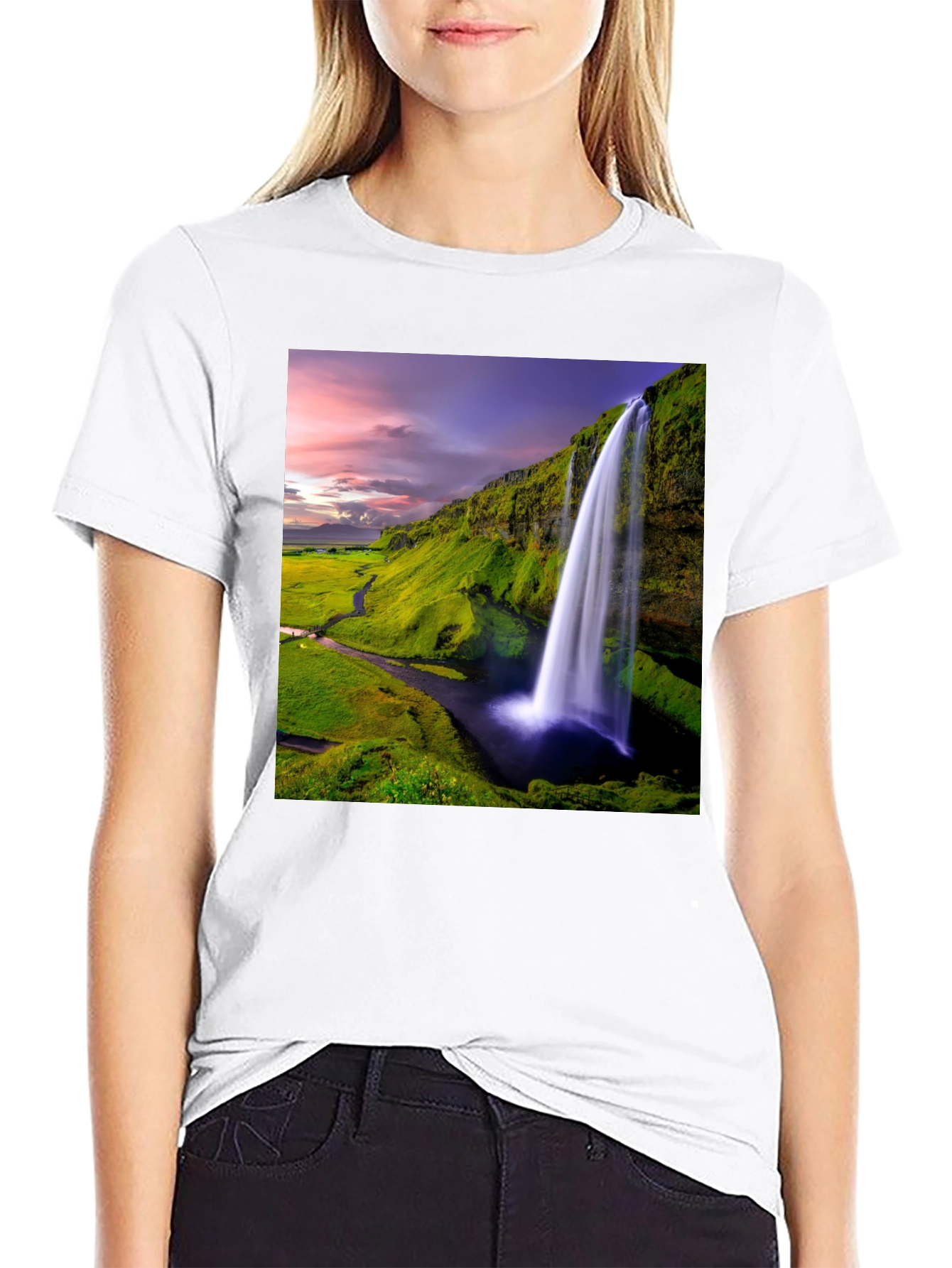 Waterfall Graphic T-Shirt - Scenic Iceland Landscape Print