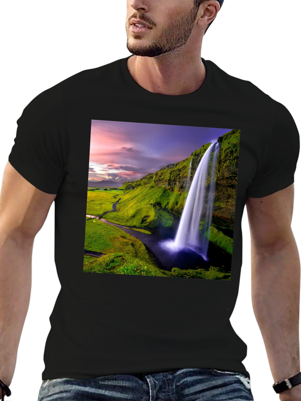Waterfall Graphic T-Shirt - Scenic Iceland Landscape Print