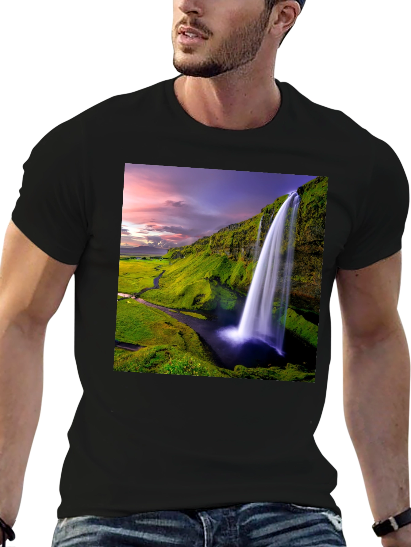 Waterfall Graphic T-Shirt - Scenic Iceland Landscape Print