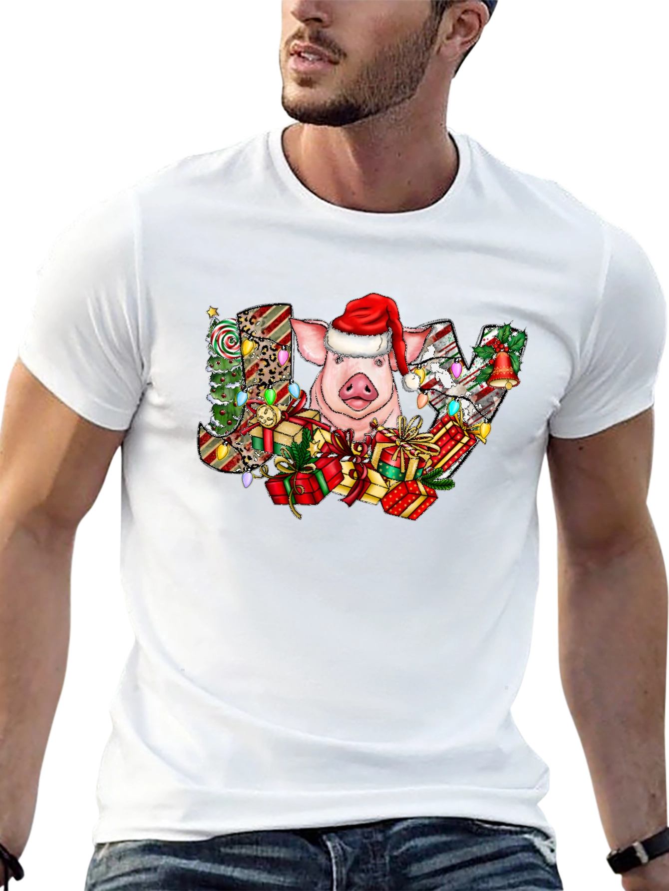 Joyful Pig in Santa Hat Graphic Tee