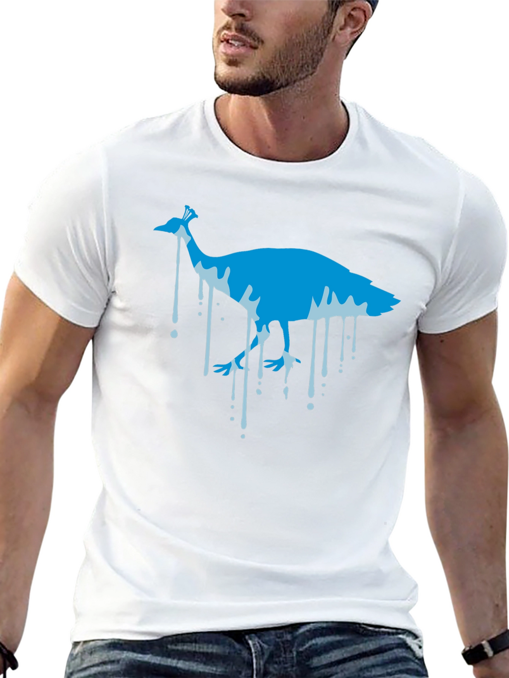 Blue Peacock Graphic Print Black T-Shirt
