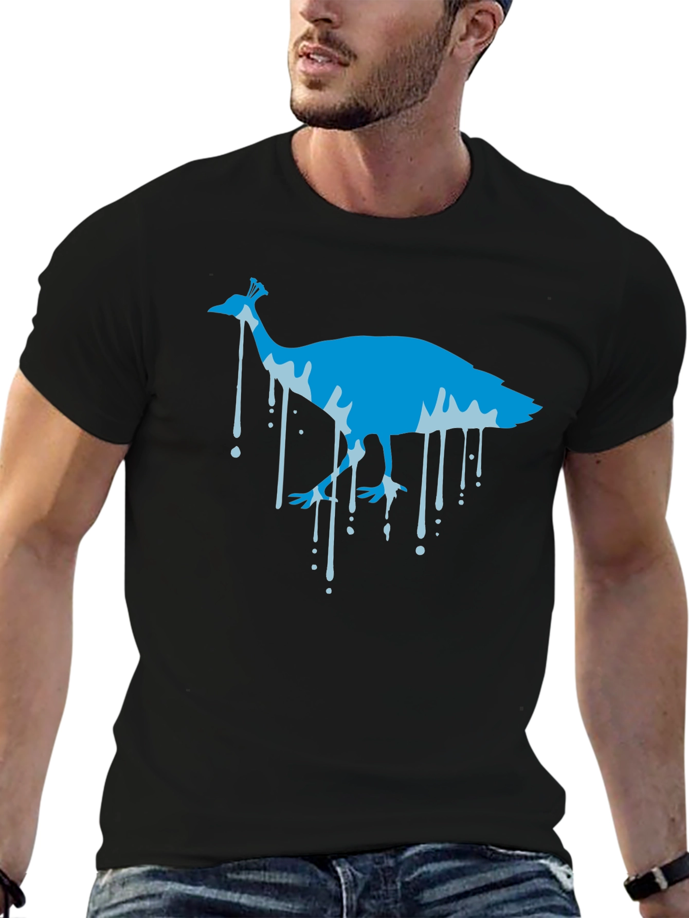 Blue Peacock Graphic Print Black T-Shirt