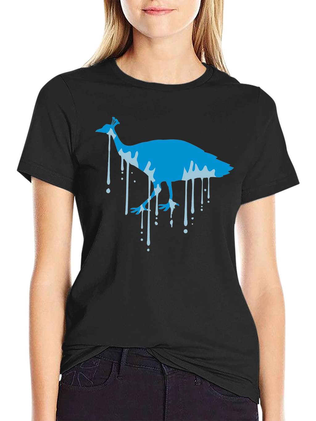 Blue Peacock Graphic Print Black T-Shirt