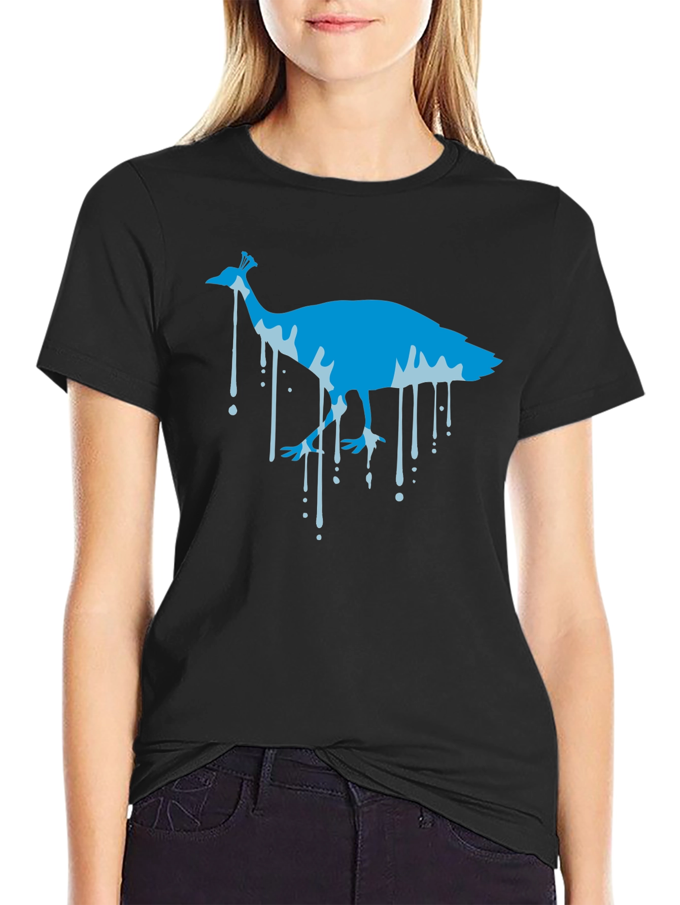 Blue Peacock Graphic Print Black T-Shirt