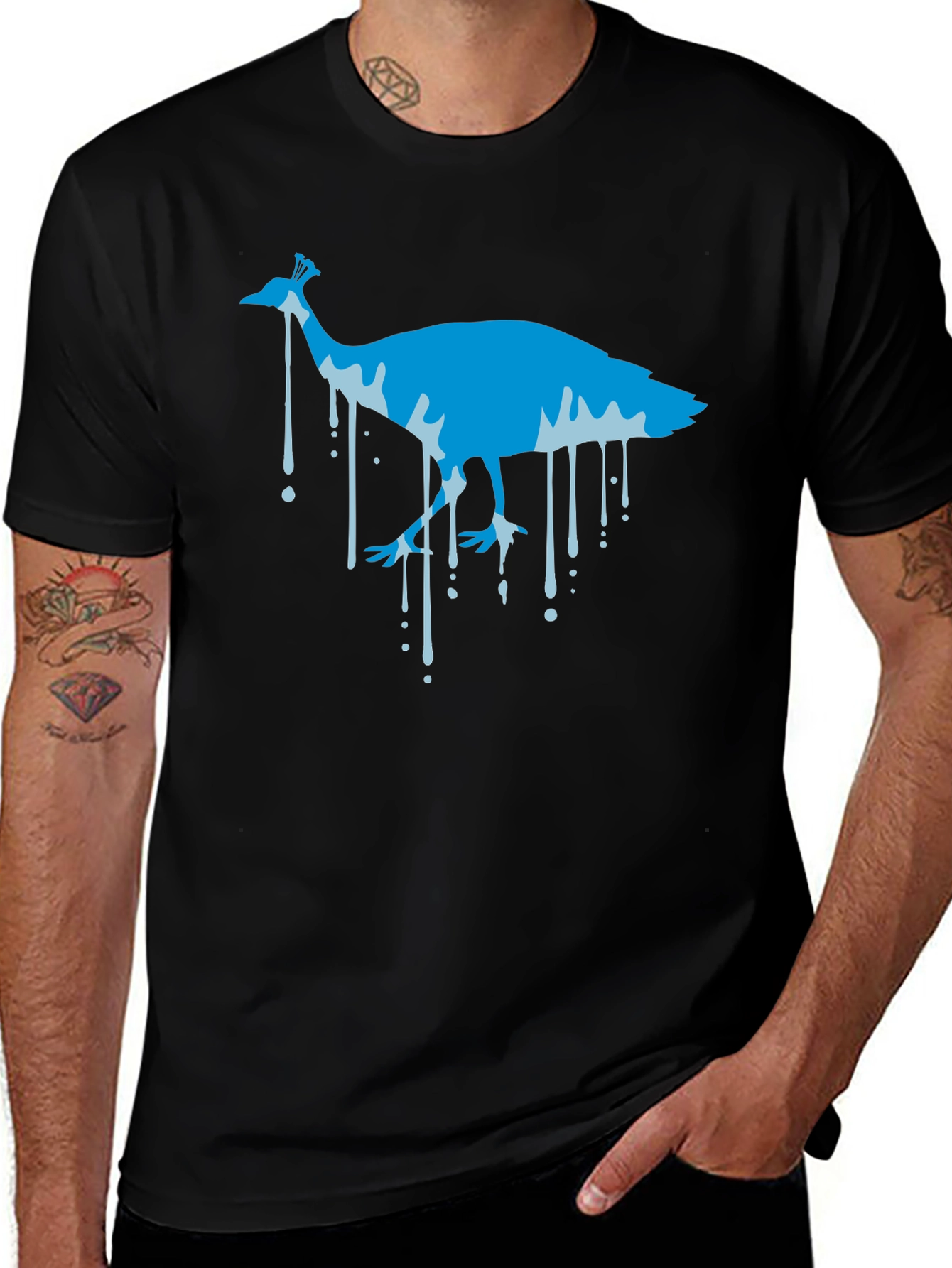 Blue Peacock Graphic Print Black T-Shirt