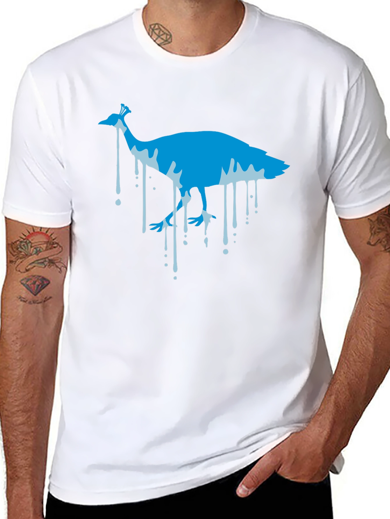 Blue Peacock Graphic Print Black T-Shirt