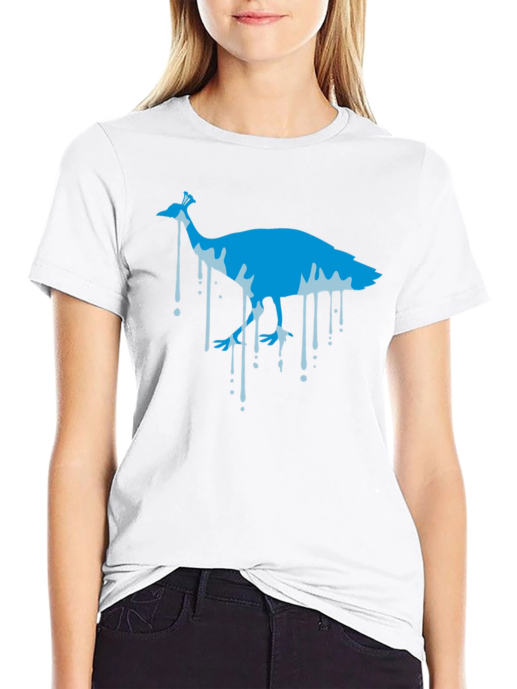 Blue Peacock Graphic Print Black T-Shirt