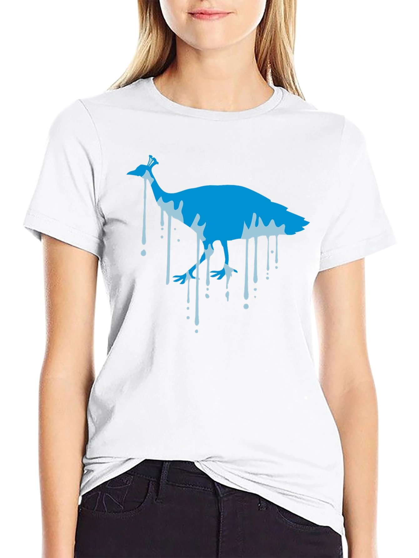 Blue Peacock Graphic Print Black T-Shirt