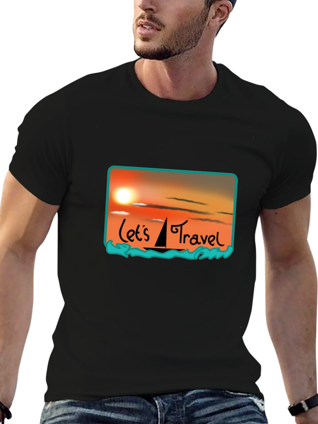 Lets Travel T-Shirt: Sunset Sailboat Design