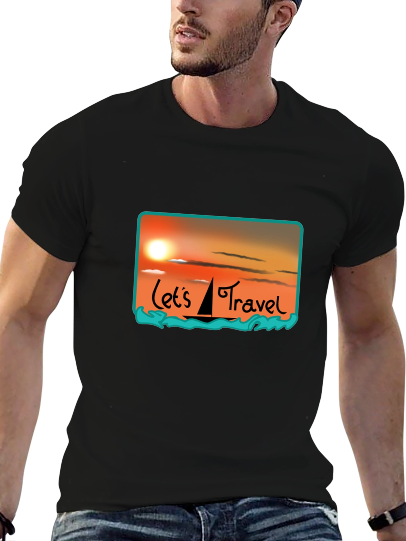 Lets Travel T-Shirt: Sunset Sailboat Design