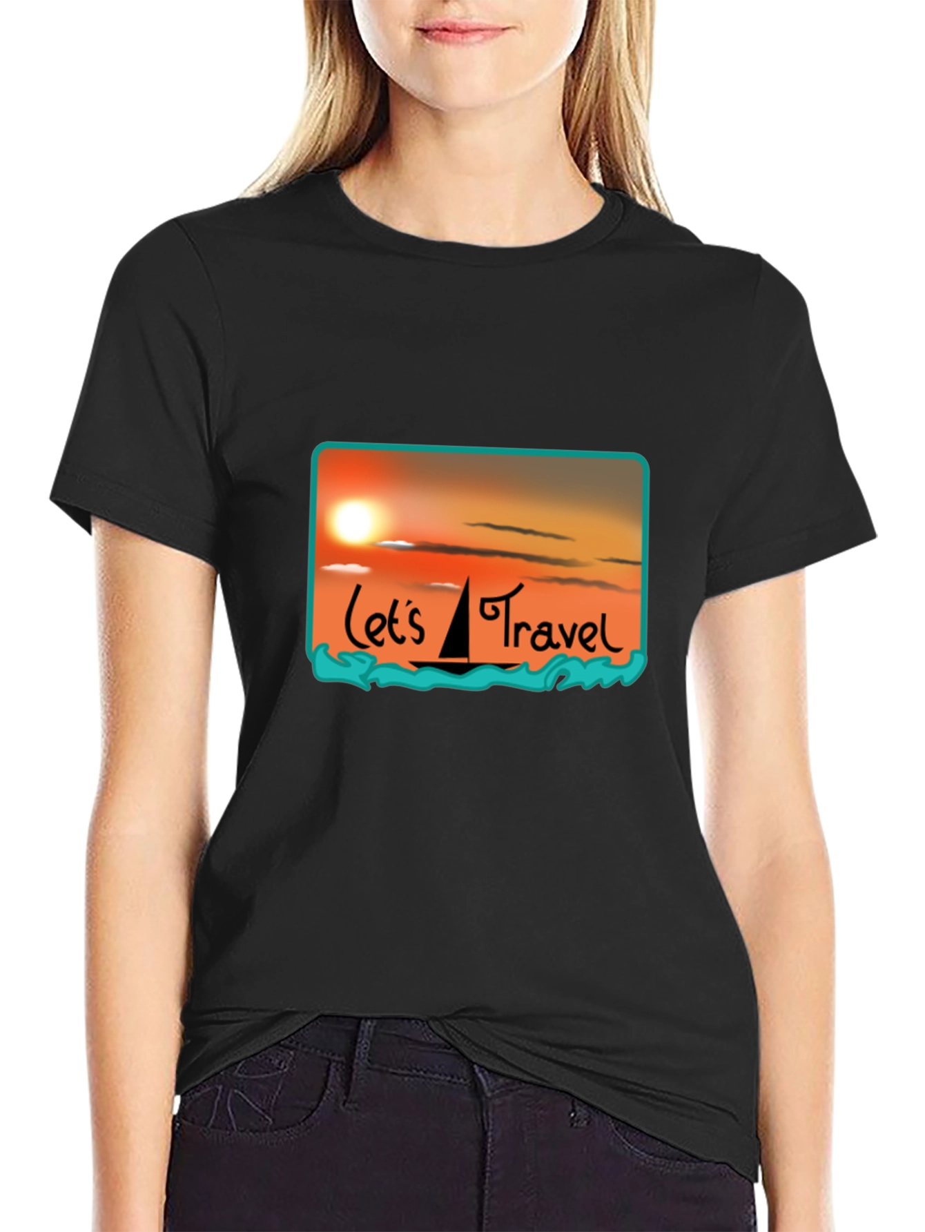 Lets Travel T-Shirt: Sunset Sailboat Design