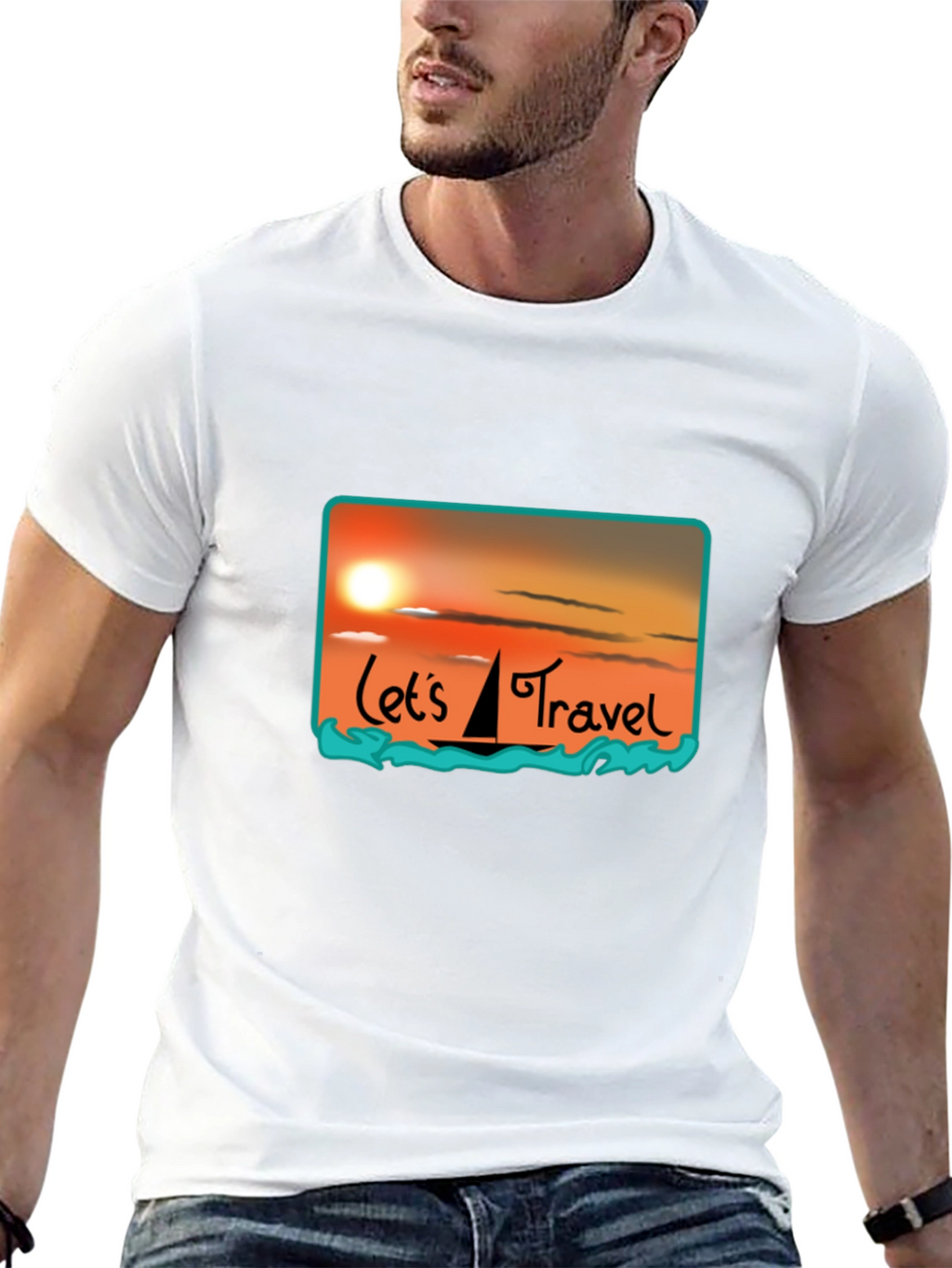 Lets Travel T-Shirt: Sunset Sailboat Design
