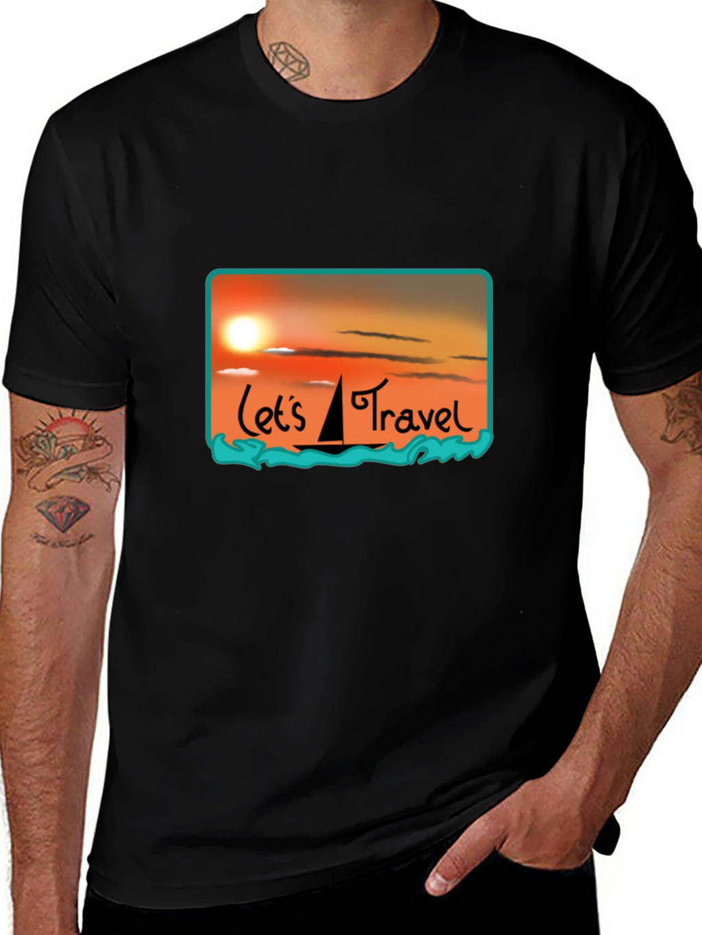 Lets Travel T-Shirt: Sunset Sailboat Design