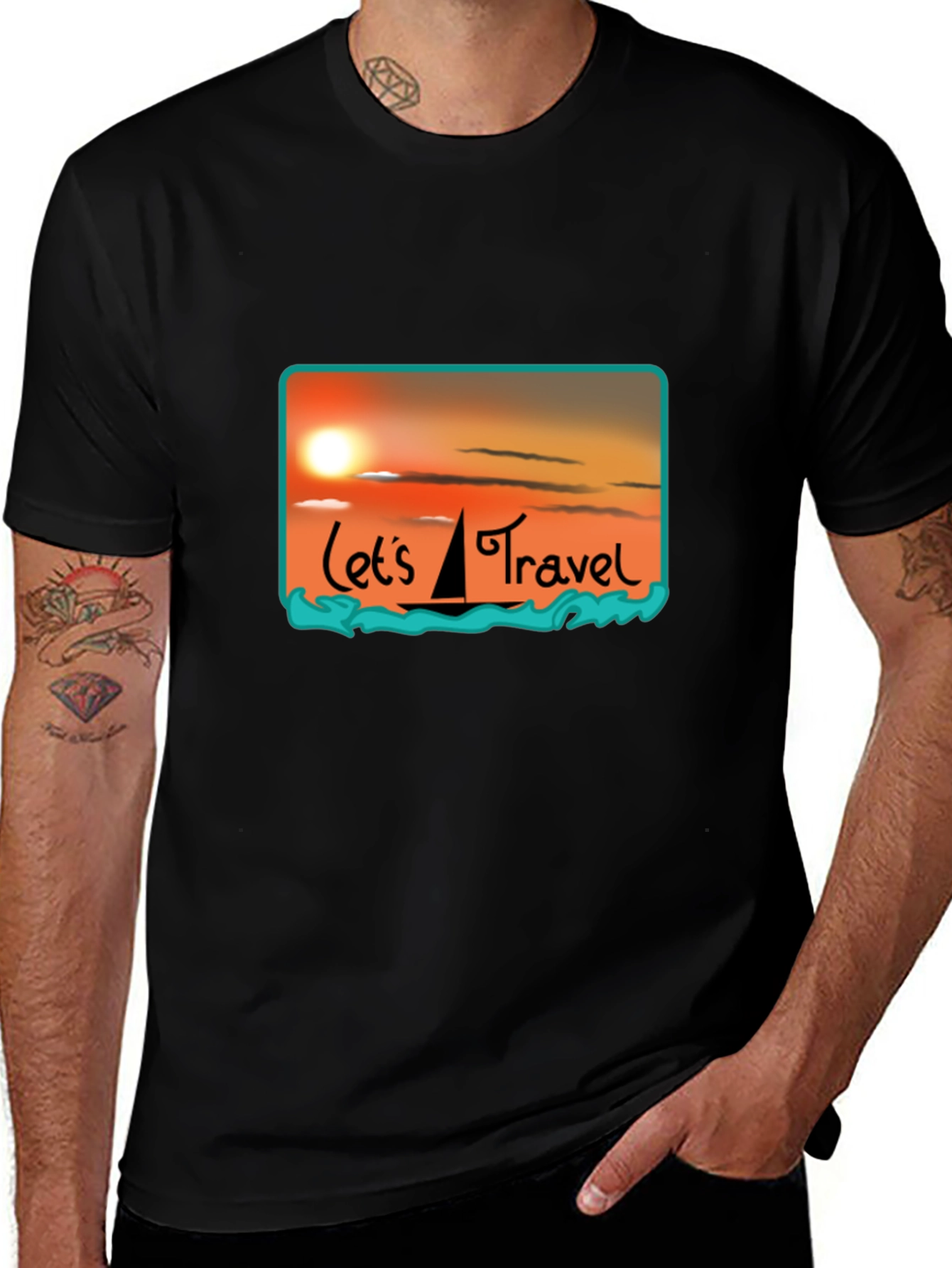 Lets Travel T-Shirt: Sunset Sailboat Design