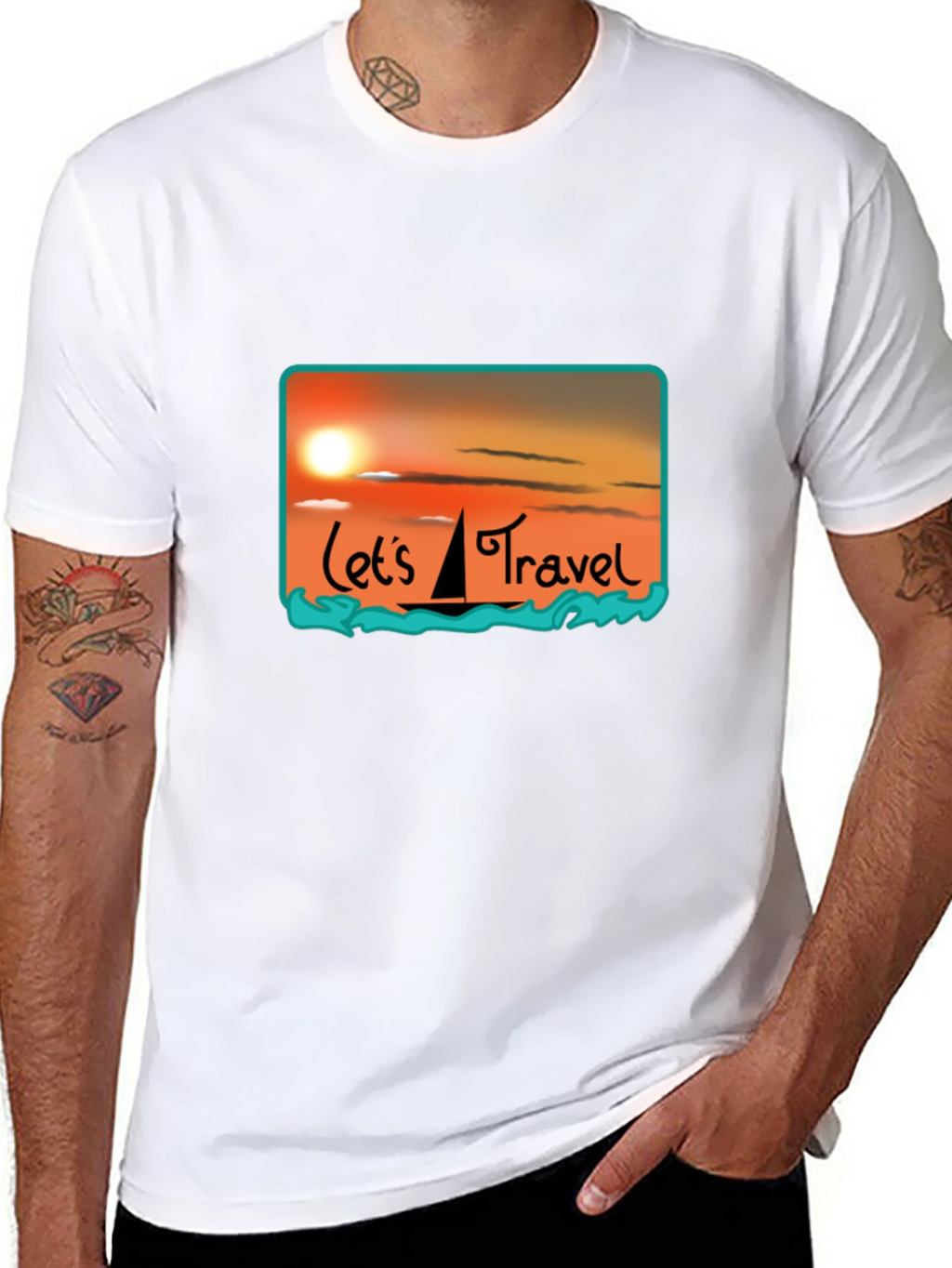 Lets Travel T-Shirt: Sunset Sailboat Design