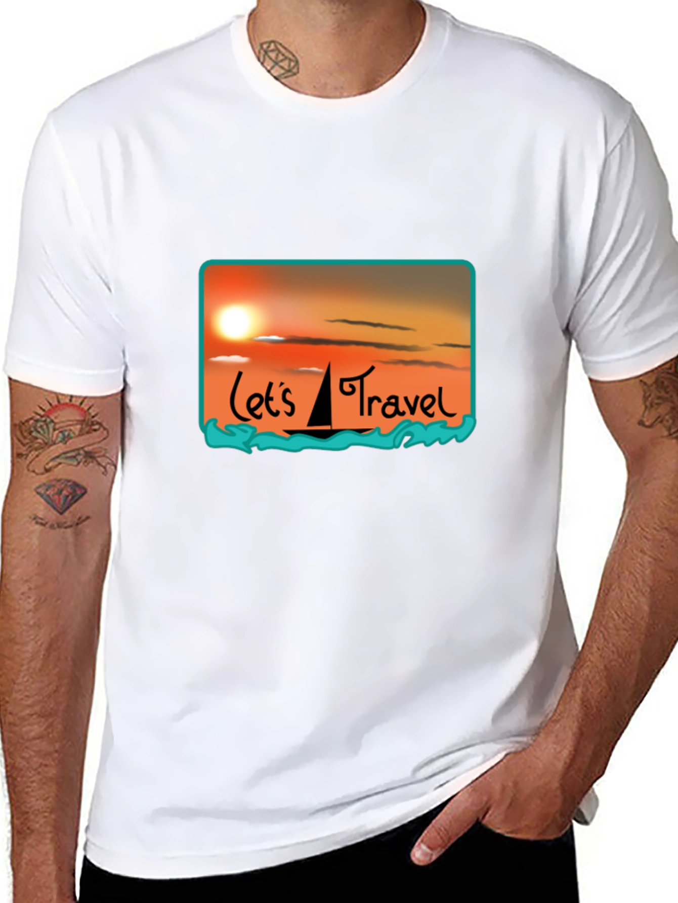 Lets Travel T-Shirt: Sunset Sailboat Design