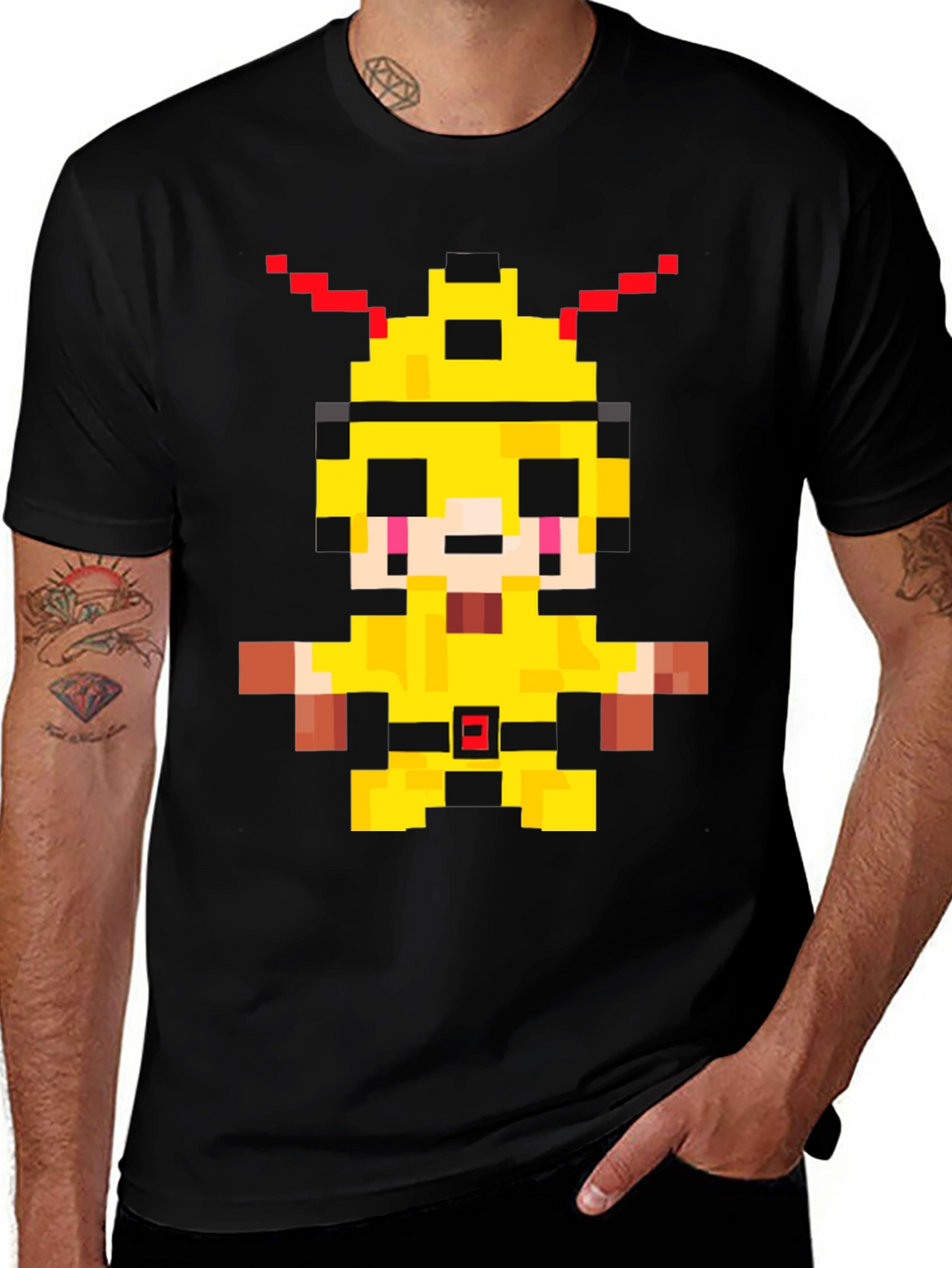 Pixelated Yellow Character Graphic T-Shirt