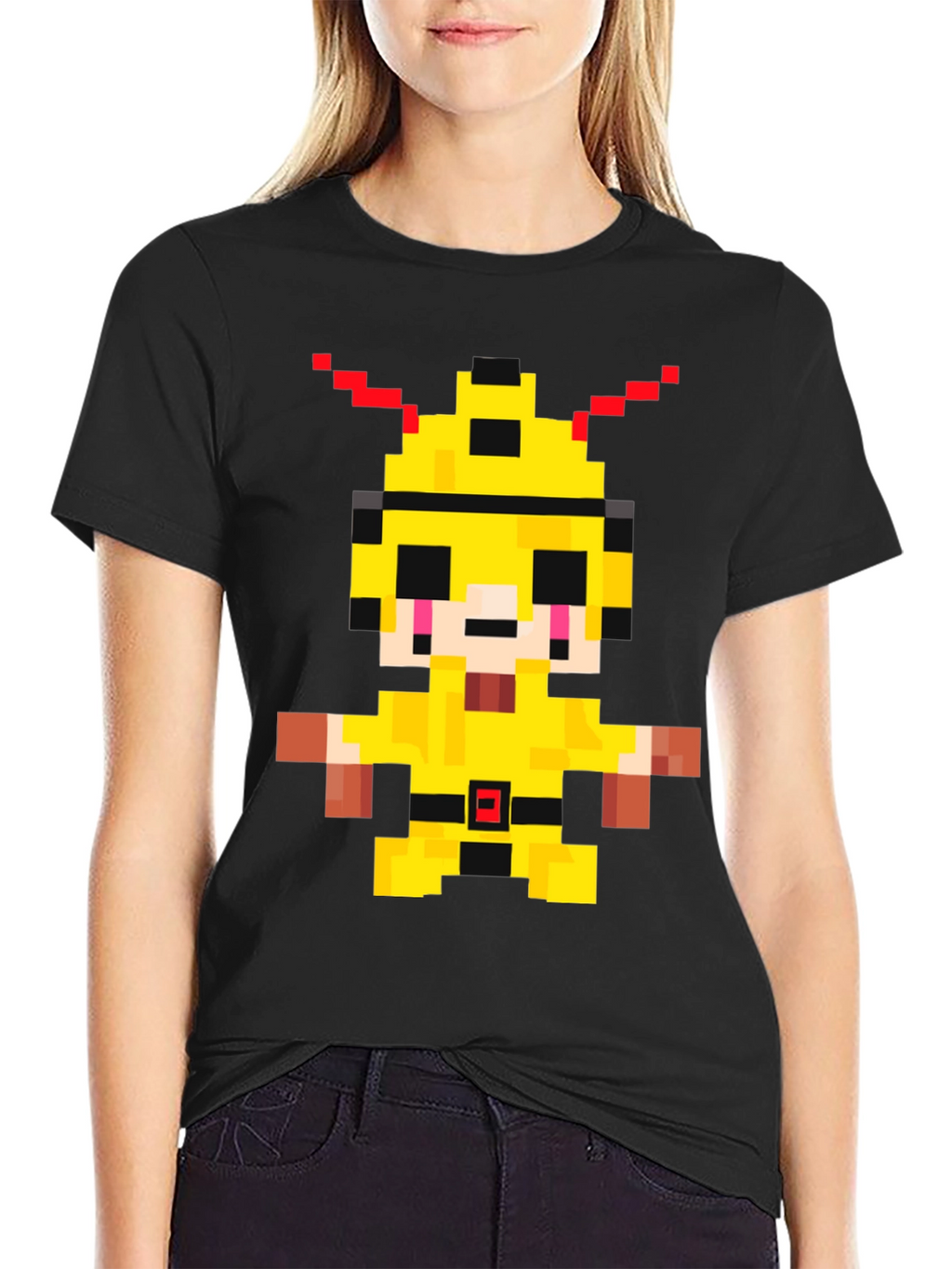 Pixelated Yellow Character Graphic T-Shirt