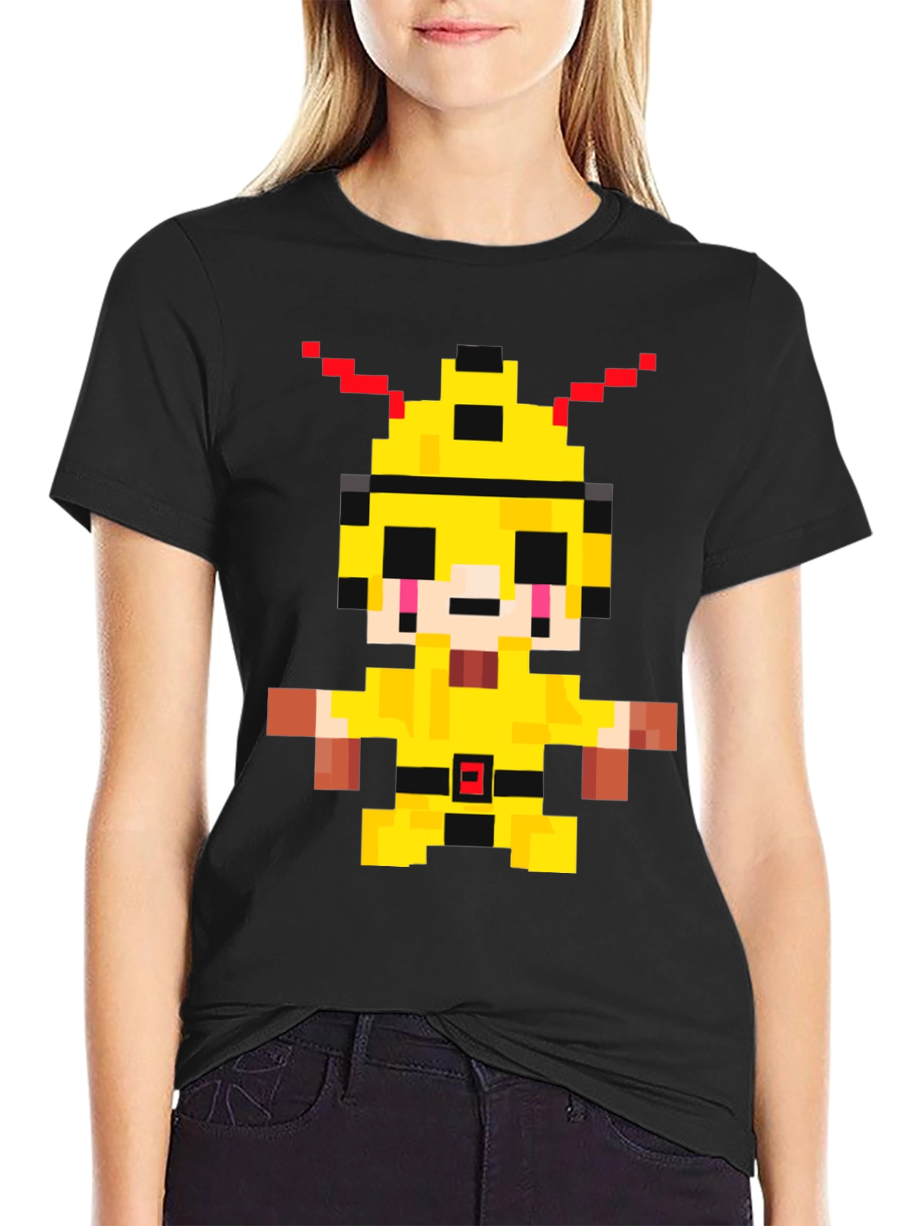 Pixelated Yellow Character Graphic T-Shirt