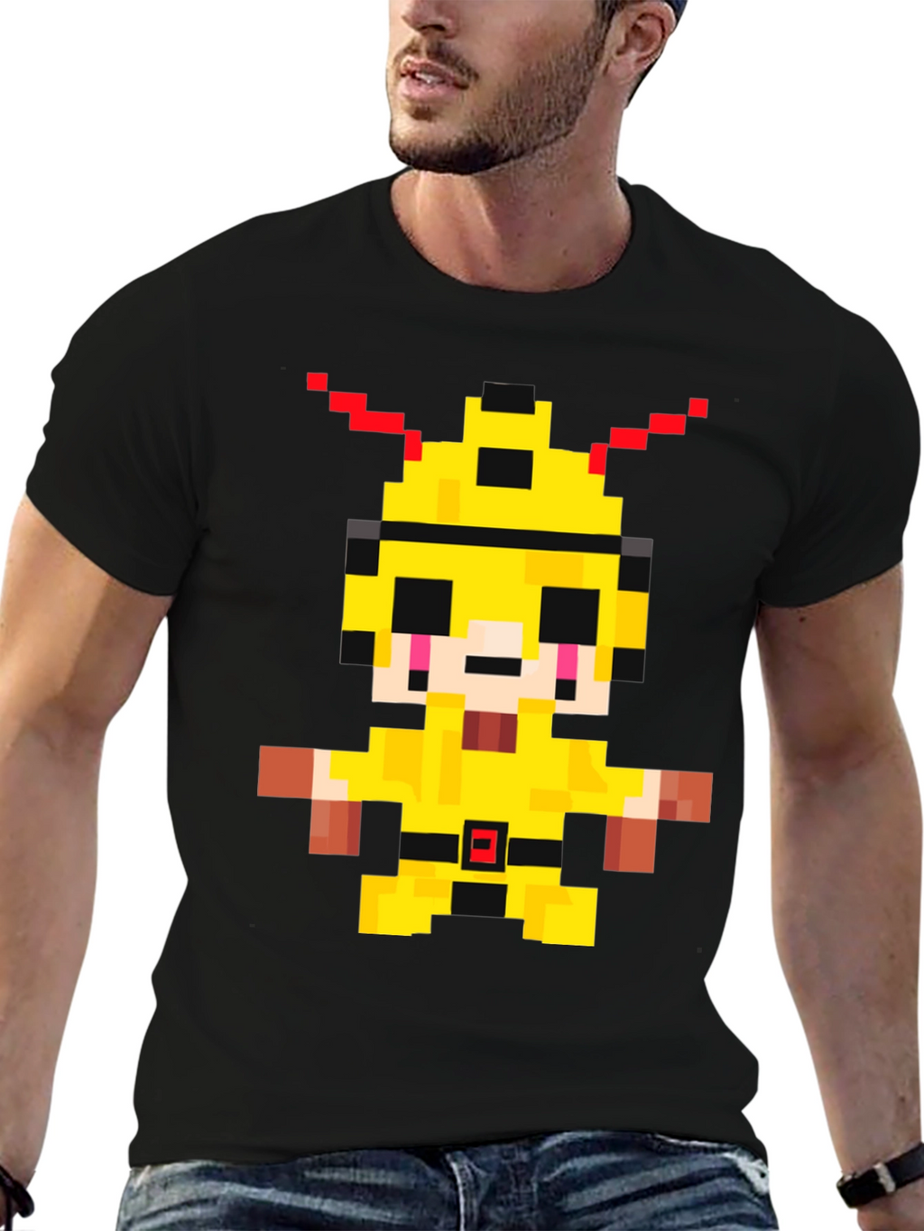 Pixelated Yellow Character Graphic T-Shirt