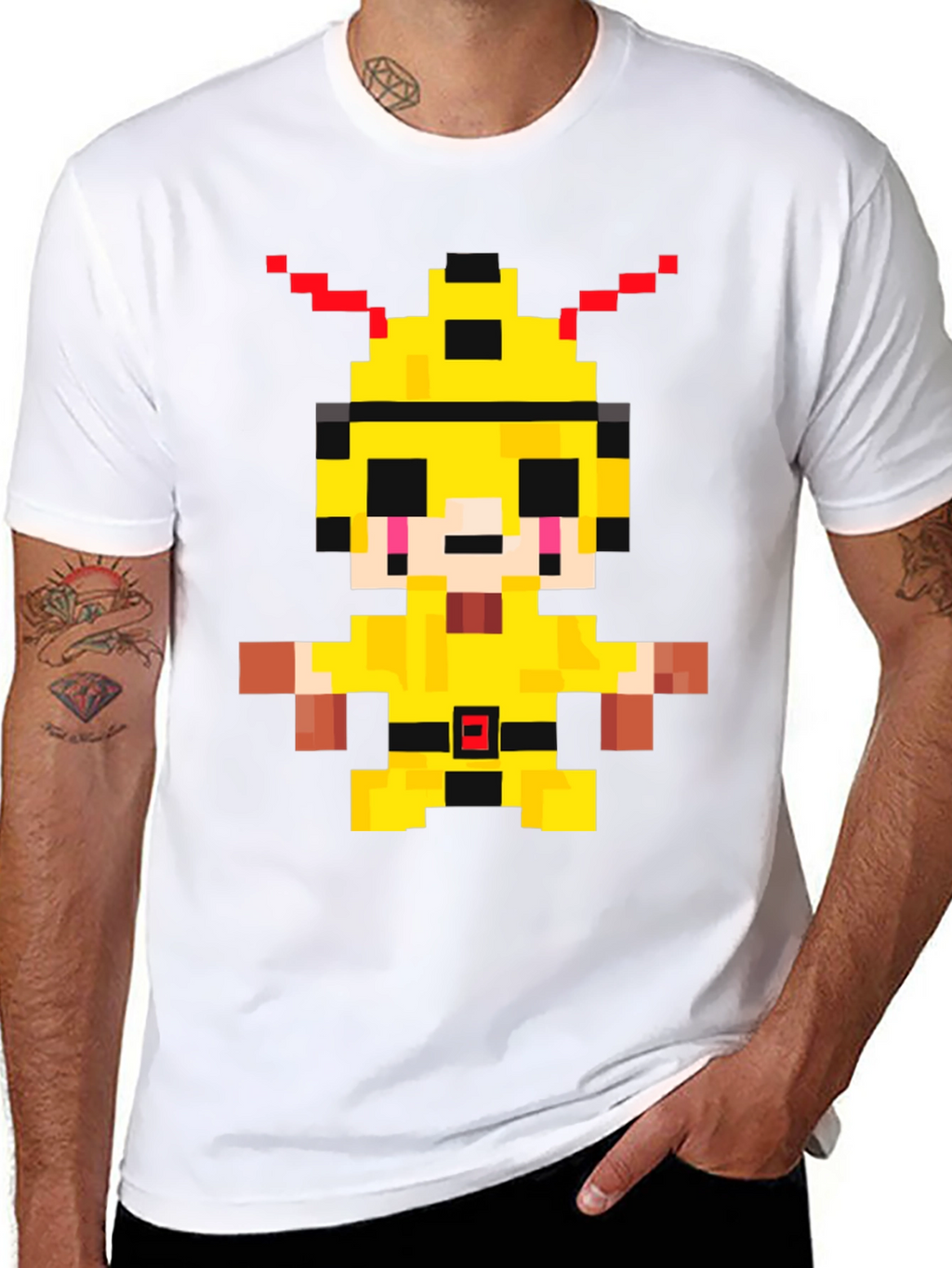 Pixelated Yellow Character Graphic T-Shirt