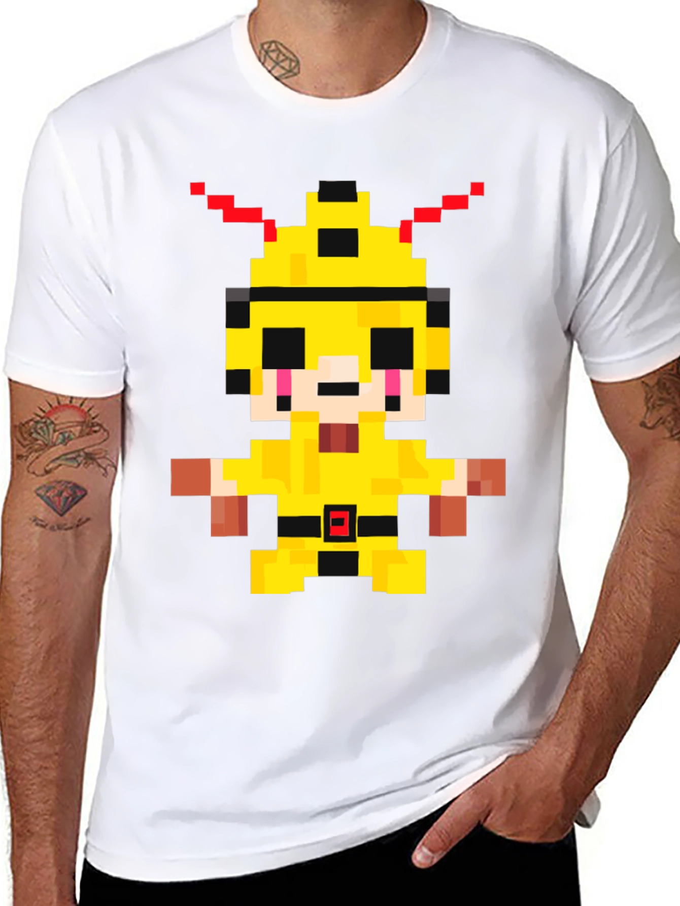 Pixelated Yellow Character Graphic T-Shirt