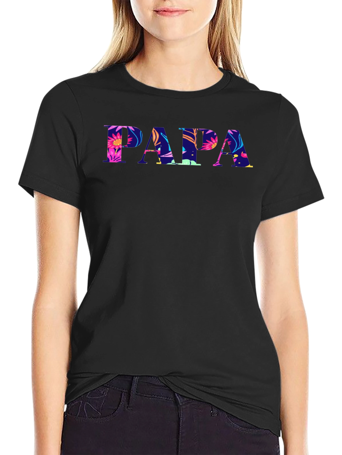 Papa Floral Print Black T-Shirt