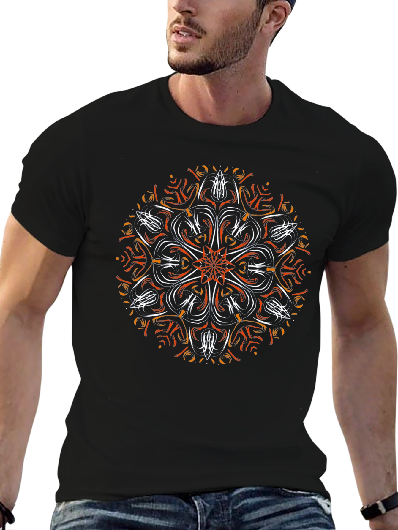 Abstract Mandala Graphic Tee - Black Cotton Blend