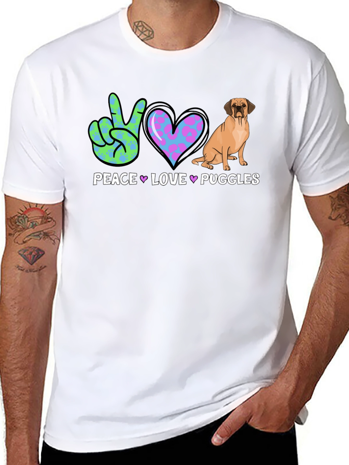 Peace Love Puggles T-Shirt - Cute Dog Graphic Tee