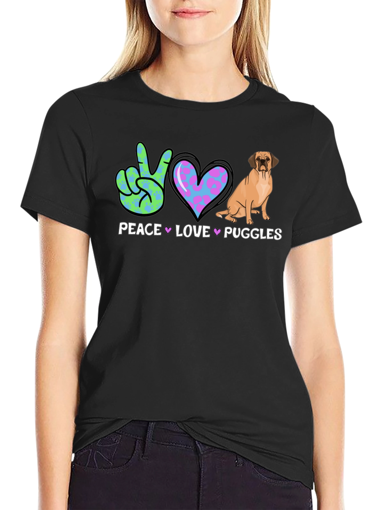 Peace Love Puggles T-Shirt - Cute Dog Graphic Tee