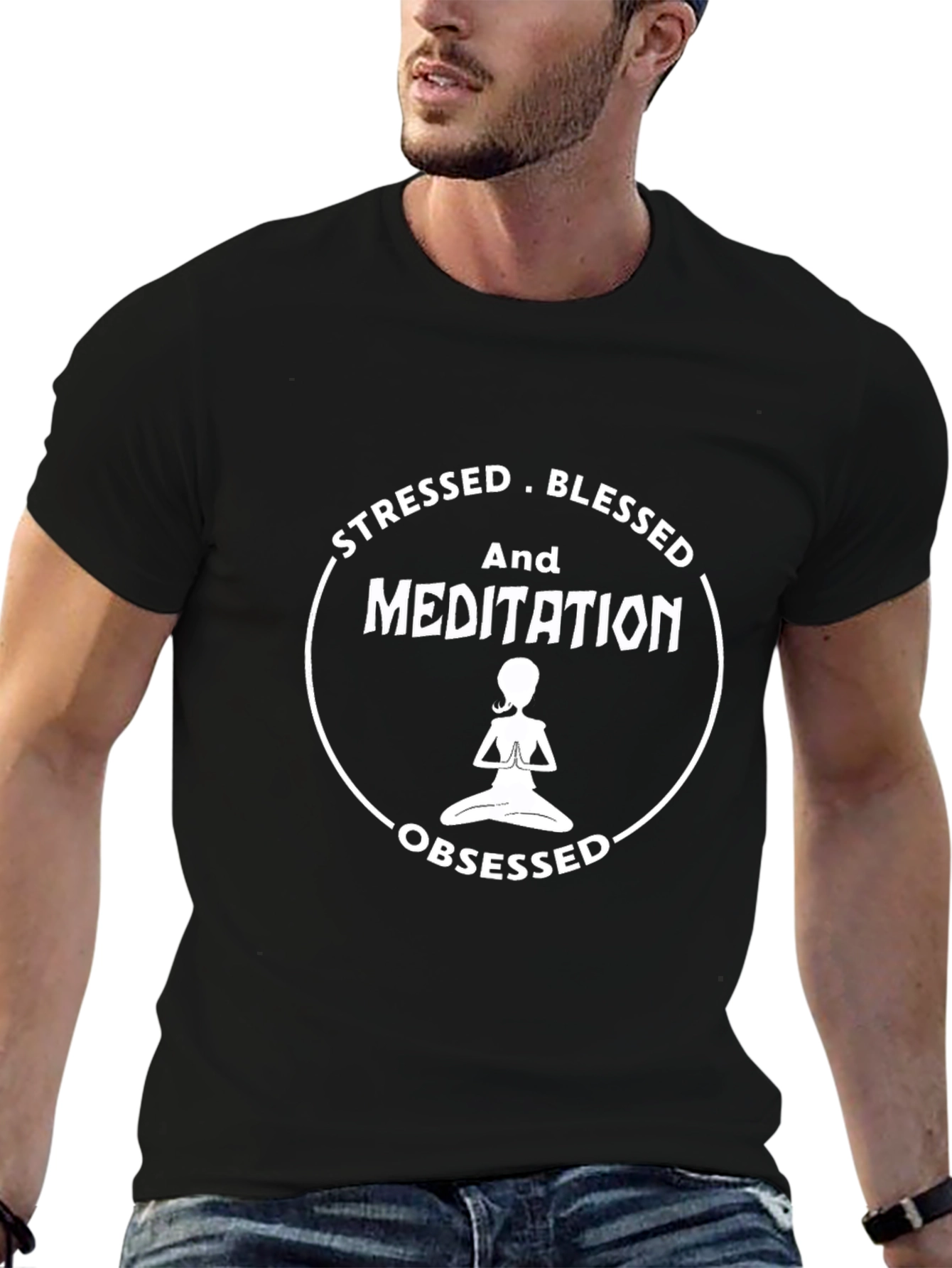 Stressed Blessed Meditation Obsessed Black T-Shirt