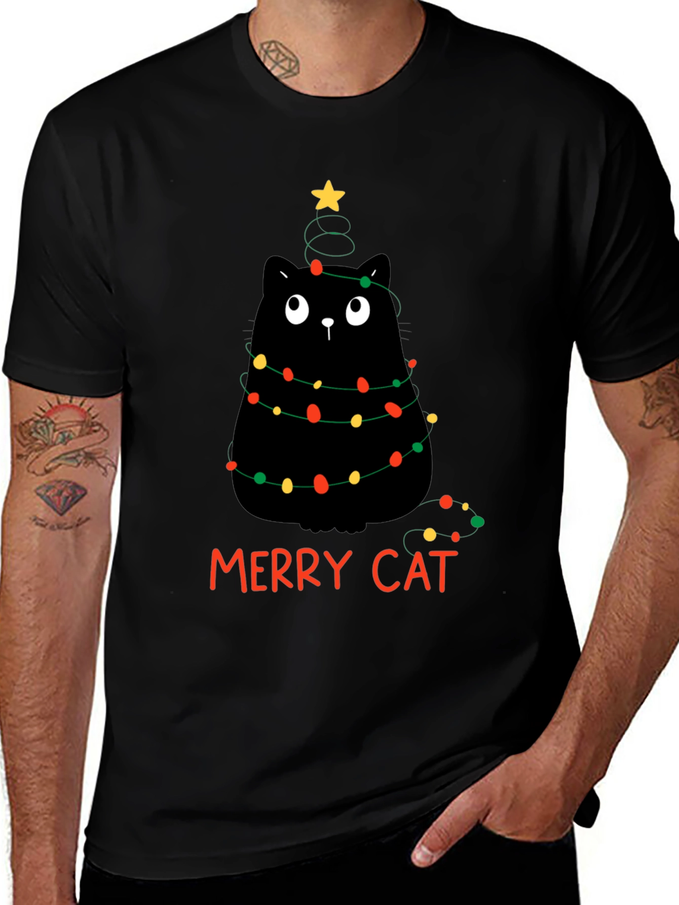 Merry Cat Christmas T-Shirt - Black