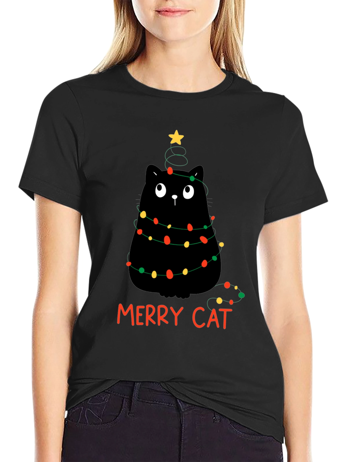 Merry Cat Christmas T-Shirt - Black