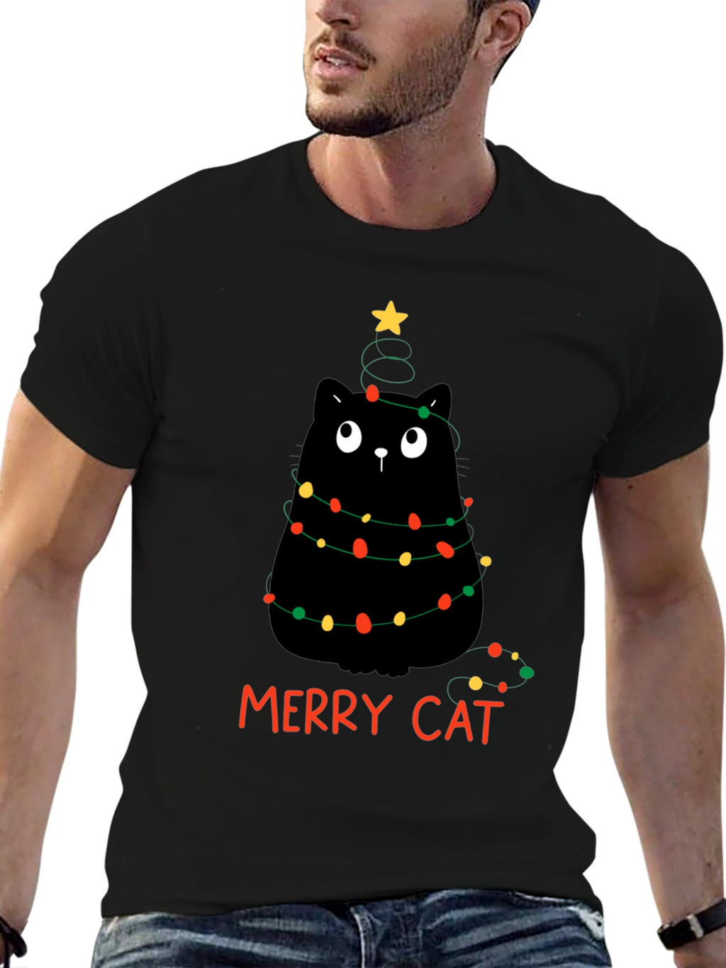 Merry Cat Christmas T-Shirt - Black